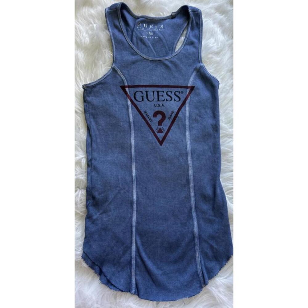 Guess Logo Tank Top XXS Vintage Y2K Dusty Blue Racerback Ribbed Raw Edge Hem